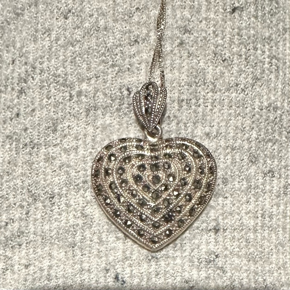 Silver and Marcasite puffed heart necklace.